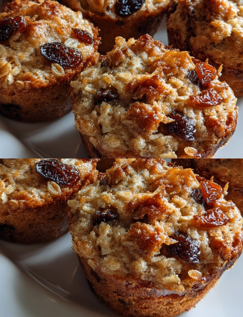 Mini muffins saludables de manzana, pasas y avena sin azúcar ni harina sobre un plato blanco