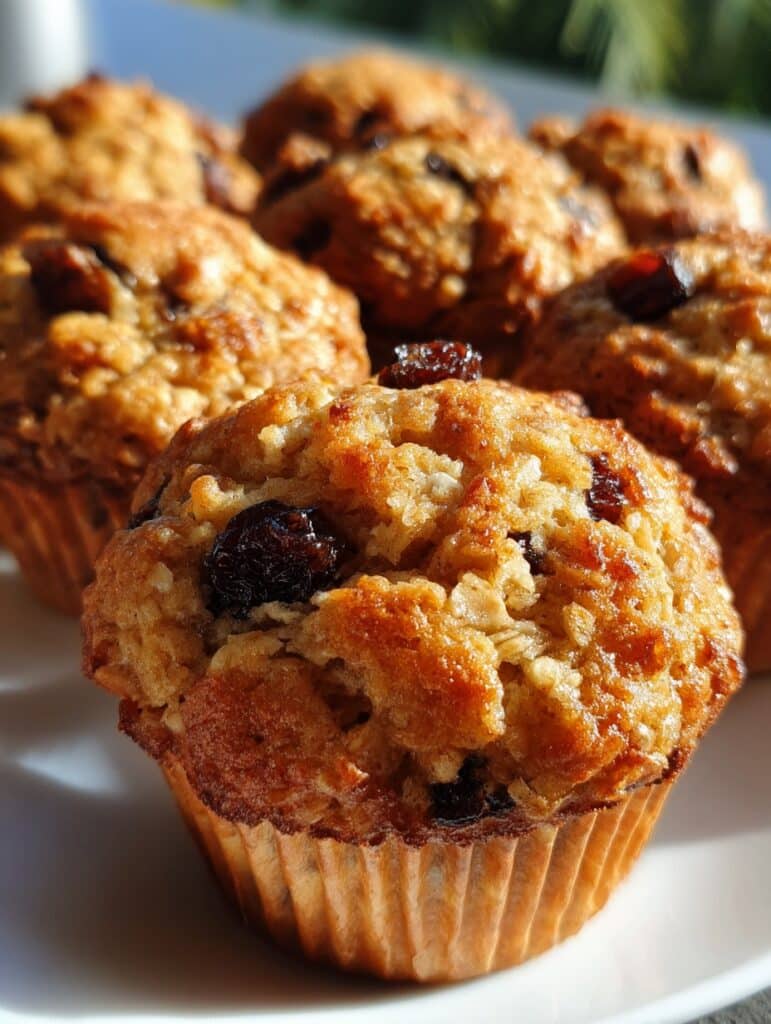 Mini muffins saludables de manzana, canela y pasas sin azúcar en un plato blanco al sol