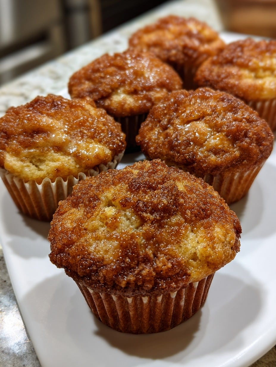 Mini muffins dorados de yogur, manzana y canela recién horneados en un plato blanco