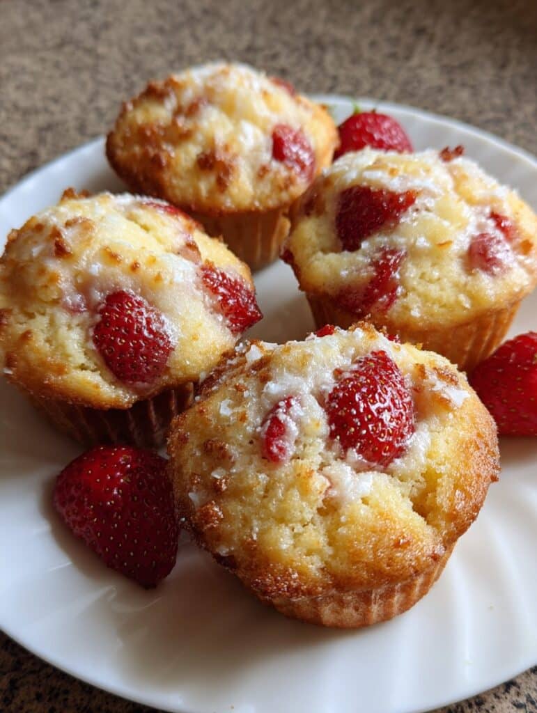 Muffins caseros de cottage con harina de almendra y fresas recién horneados en un plato blanco