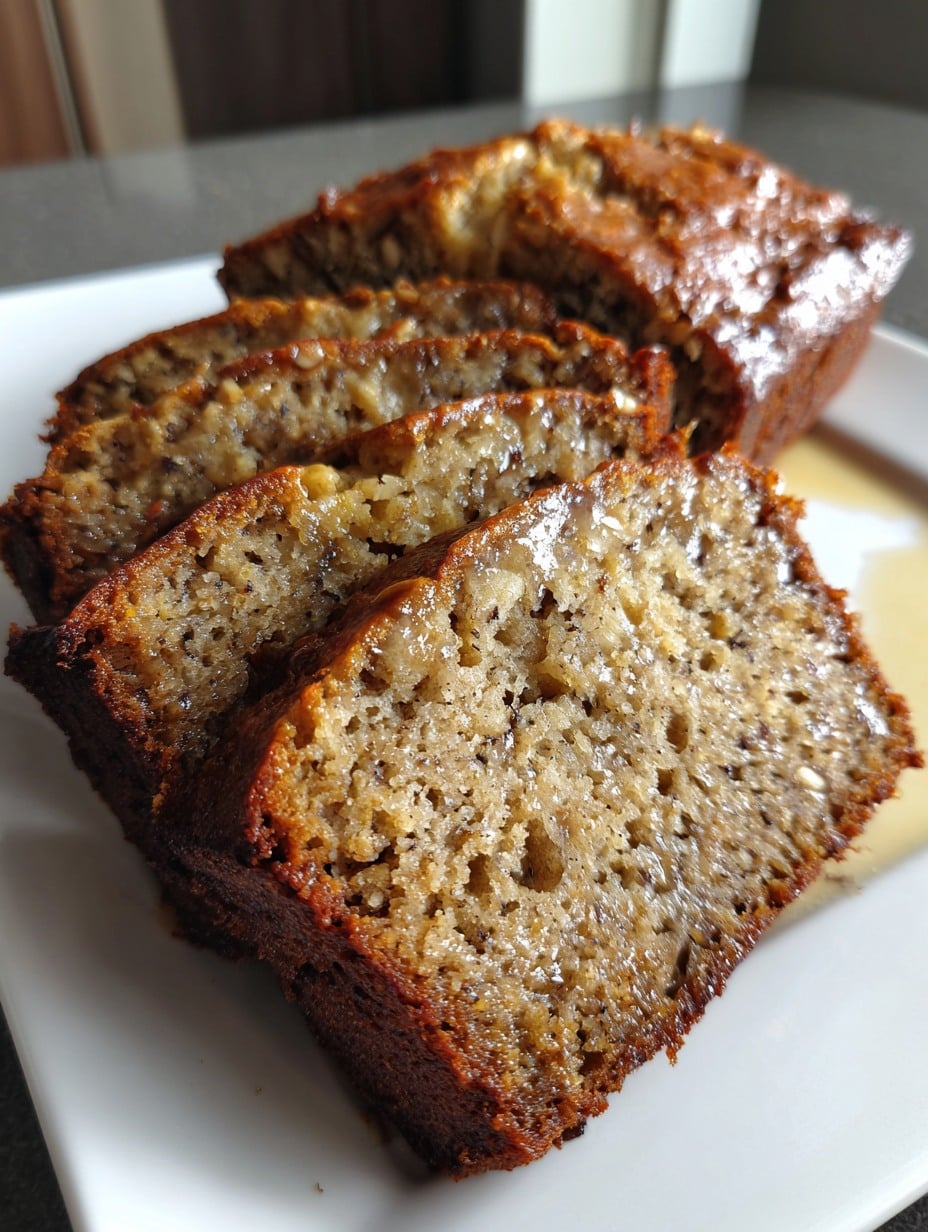 Rebanadas de panqué de avena y plátano recién horneado, suaves y doradas, servidas sobre un plato blanco.