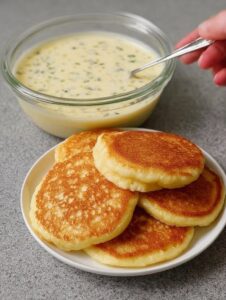 Panqueques esponjosos de manzana servidos en un plato blanco junto a un tazón de mezcla cremosa lista para cocinar