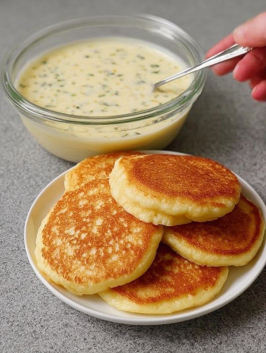Panqueques esponjosos de manzana servidos en un plato blanco junto a un tazón de mezcla cremosa lista para cocinar