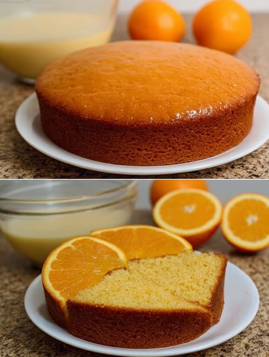 Pastel casero de naranja esponjoso sobre un plato blanco, decorado con rodajas frescas de naranja