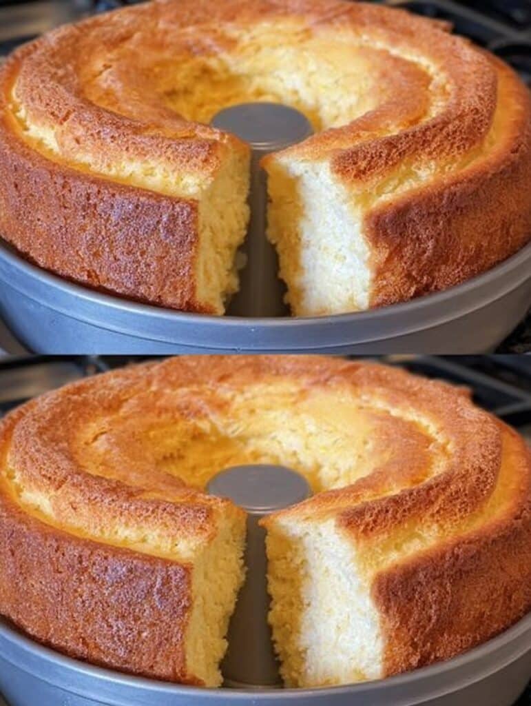 Pastel italiano de limón esponjoso en molde tipo corona, con textura dorada y corte que muestra su interior suave.
