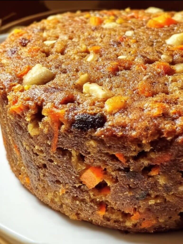 Pastel saludable de avena, manzana y zanahoria recién horneado, sin azúcar ni harina, con trozos visibles de zanahoria y nueces