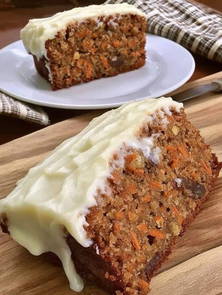 Rebanada de pastel de zanahoria, manzana y avena sin azúcar ni harina, cubierto con un glaseado cremoso