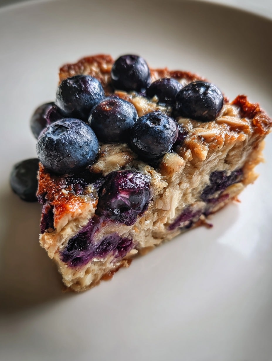 Porción de pastelito saludable de avena, yogur y arándanos frescos, servido en un plato blanco