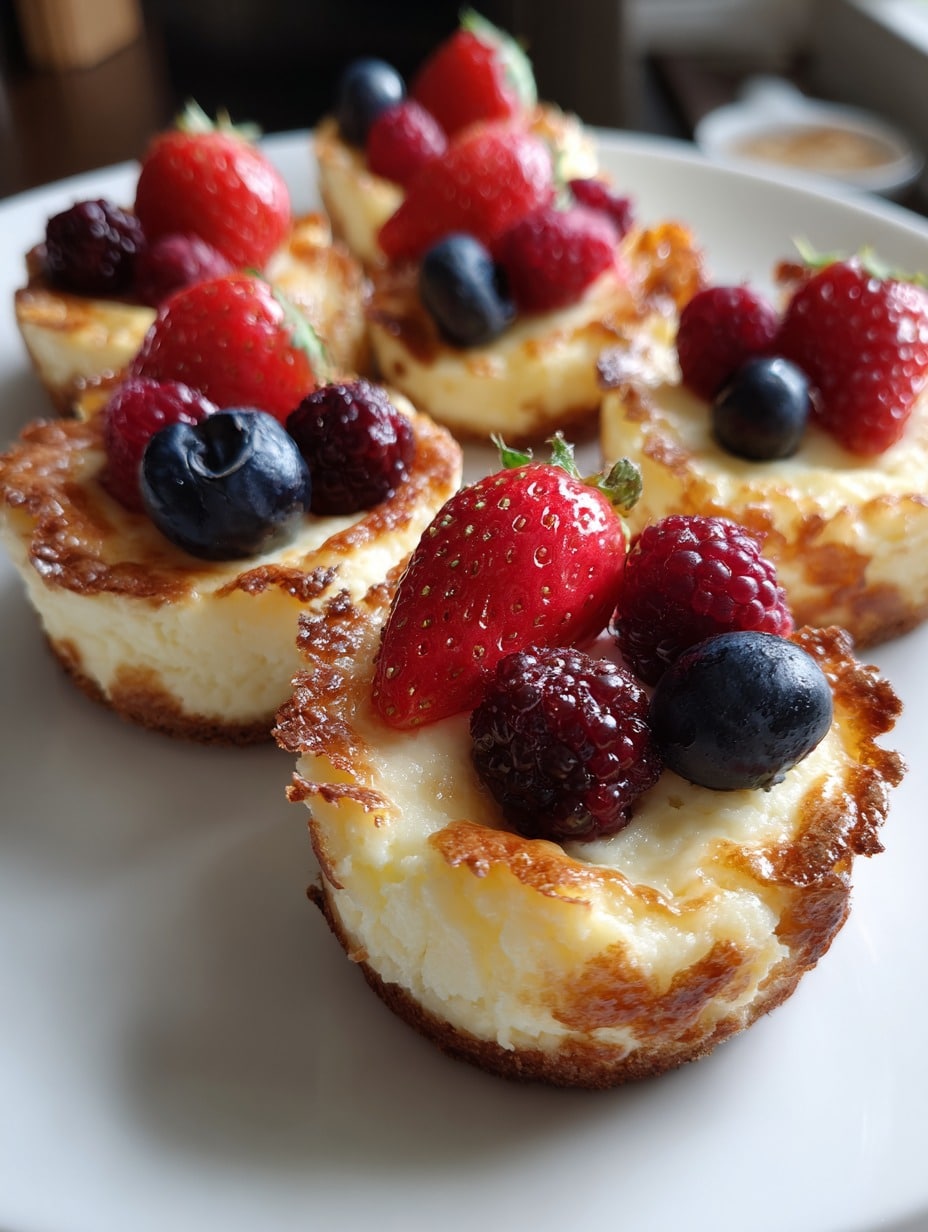 Pastelitos saludables de queso cottage con frutos del bosque sin azúcar sobre un plato blanco.