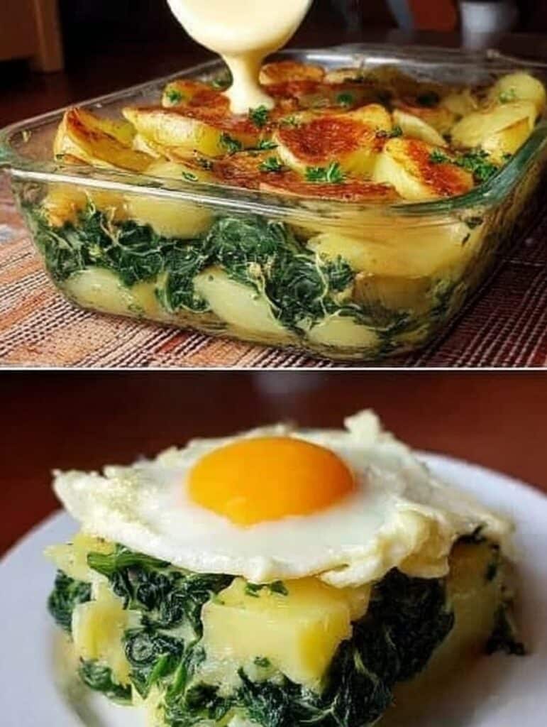 Plato de patatas con espinacas y huevo servido con salsa cremosa, listo para la cena.