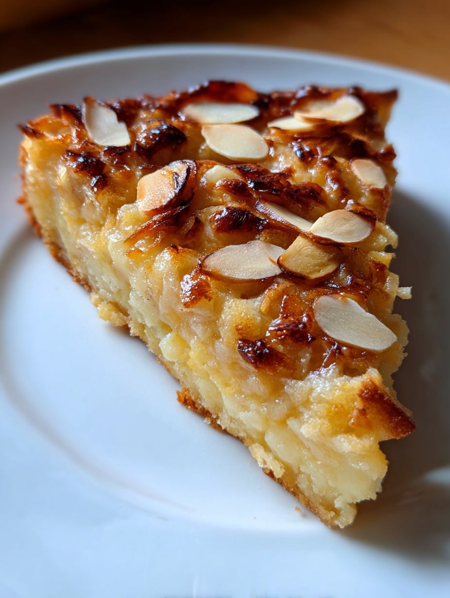 Porción de tarta de manzana y almendra sin harina sobre un plato blanco, decorada con almendras laminadas doradas.