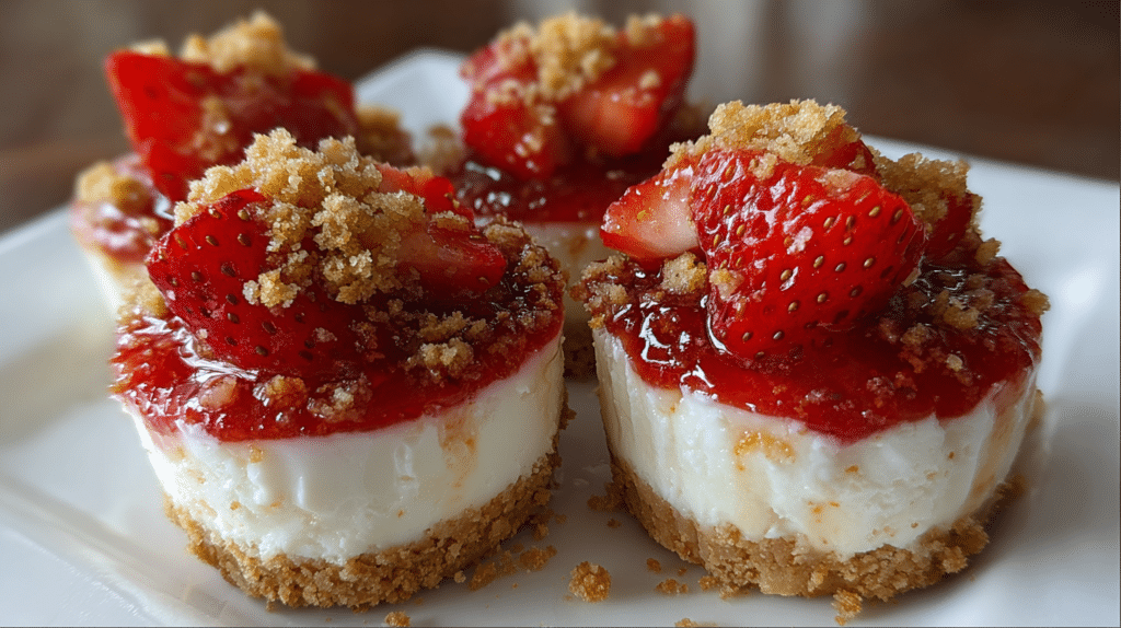 Three cottage cheese strawberry cheesecake bites on a white plate with fresh strawberries and almond flour crust, no-bake protein dessert