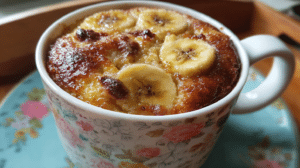 Cottage cheese banana bread mug cake in white ceramic mug with banana slices on top, ready to eat in 5 minutes