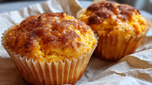 Golden pumpkin spice cottage cheese breakfast muffins on white plate with fall spices and pumpkin in background