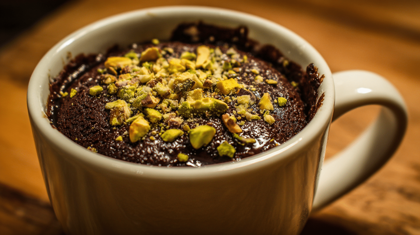 Double chocolate cottage cheese brownie mug cake topped with chocolate chips in a white ceramic mug on a wooden table, showing fudgy texture and melted chocolate