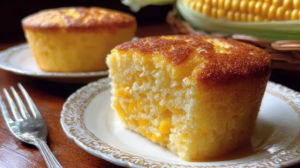 Pan de elote sin harina recién horneado en molde, textura suave y dorada, granos de elote frescos y ingredientes naturales