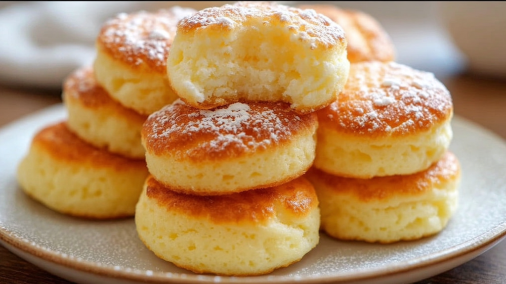 Fluffy cottage cheese cloud bread rounds on parchment paper, golden brown and airy, with one split open showing light texture
