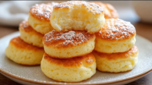 Fluffy cottage cheese cloud bread rounds on parchment paper, golden brown and airy, with one split open showing light texture