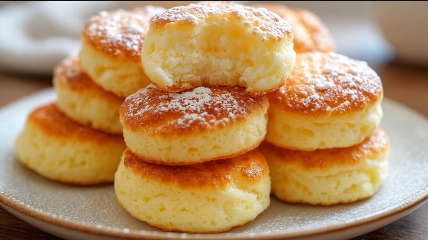 Fluffy cottage cheese cloud bread rounds on parchment paper, golden brown and airy, with one split open showing light texture