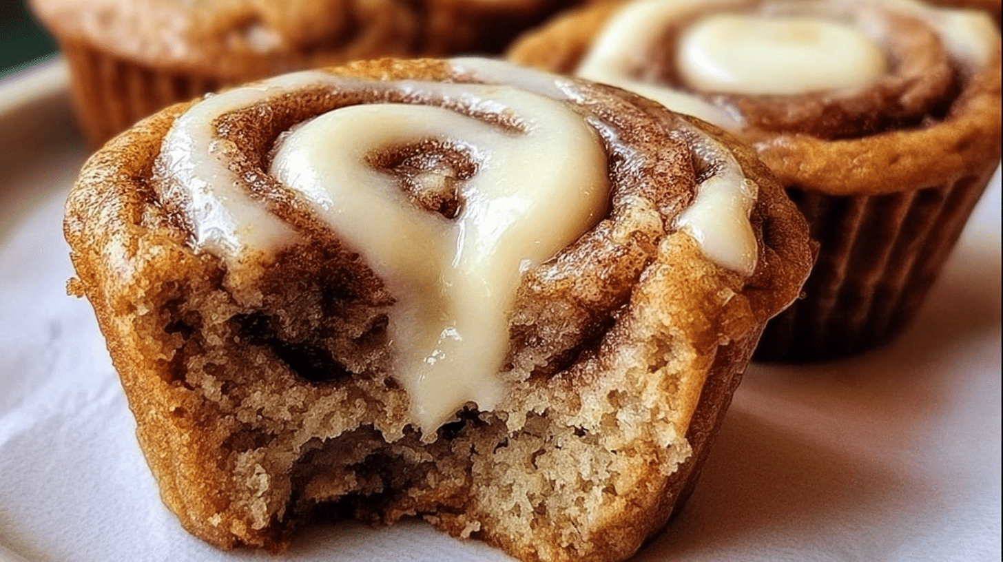 Healthy low calorie cinnamon roll muffins with creamy centers on white plate, golden brown tops with visible cinnamon swirls