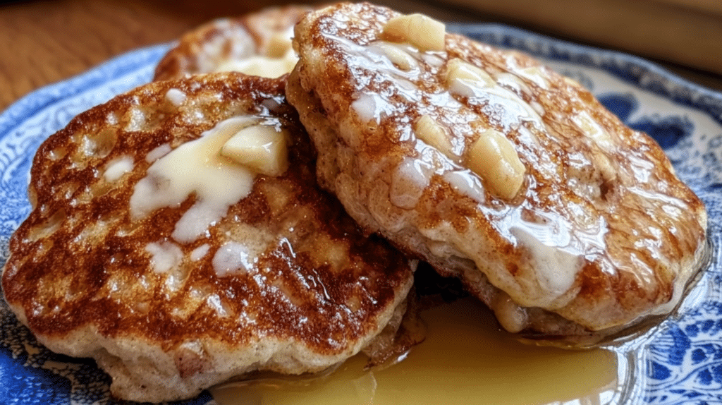 Fluffy cottage cheese apple cinnamon popover pancakes stacked on a white plate with maple syrup drizzle and fresh apple slices