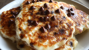 High-protein chocolate chip cottage cheese pancakes stacked on white plate with golden brown color and melted chocolate chips