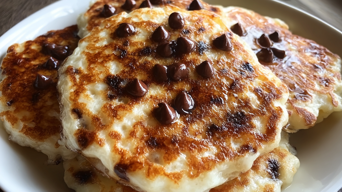 High-protein chocolate chip cottage cheese pancakes stacked on white plate with golden brown color and melted chocolate chips