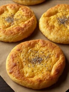 Pan saludable sin harina tipo nube recién horneado, esponjoso y dorado, servido en una tabla de madera con semillas.