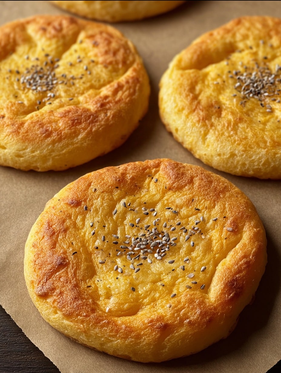 Pan saludable sin harina tipo nube recién horneado, esponjoso y dorado, servido en una tabla de madera con semillas.