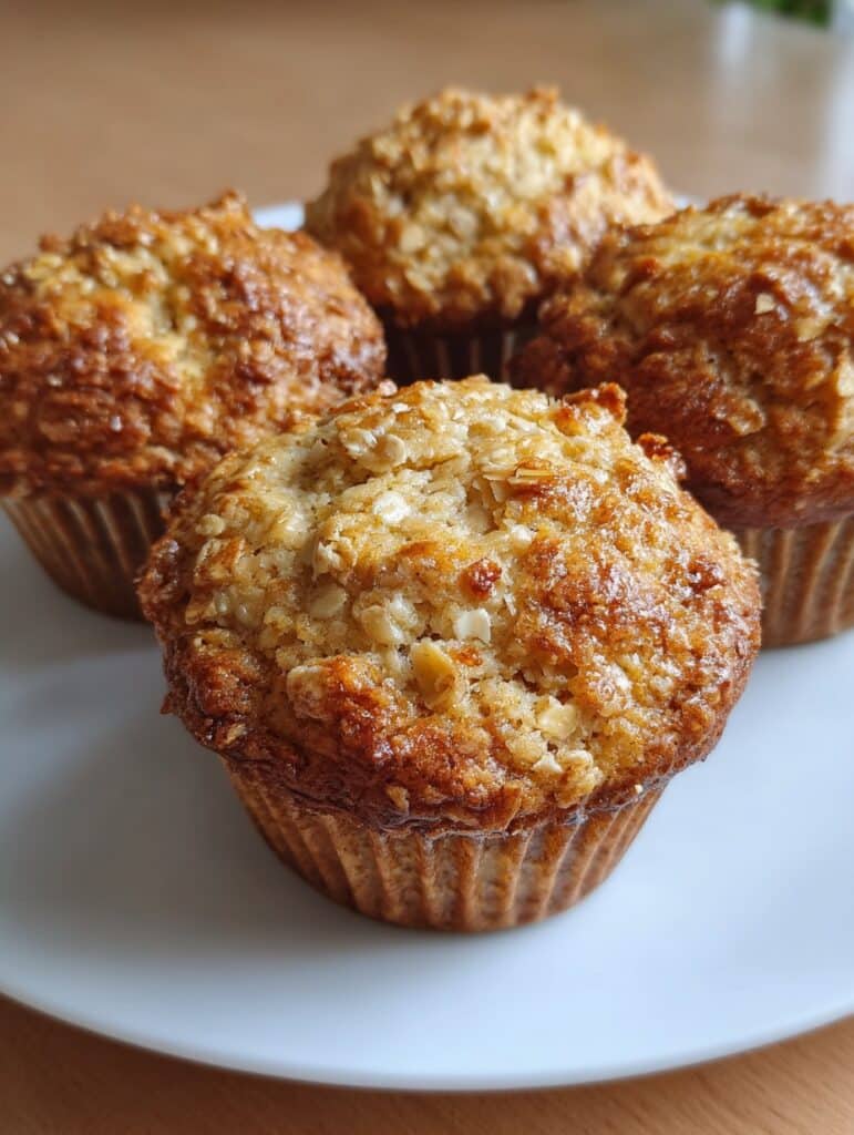 Muffins saludables de avena y plátano recién horneados, esponjosos y sin azúcar refinada.