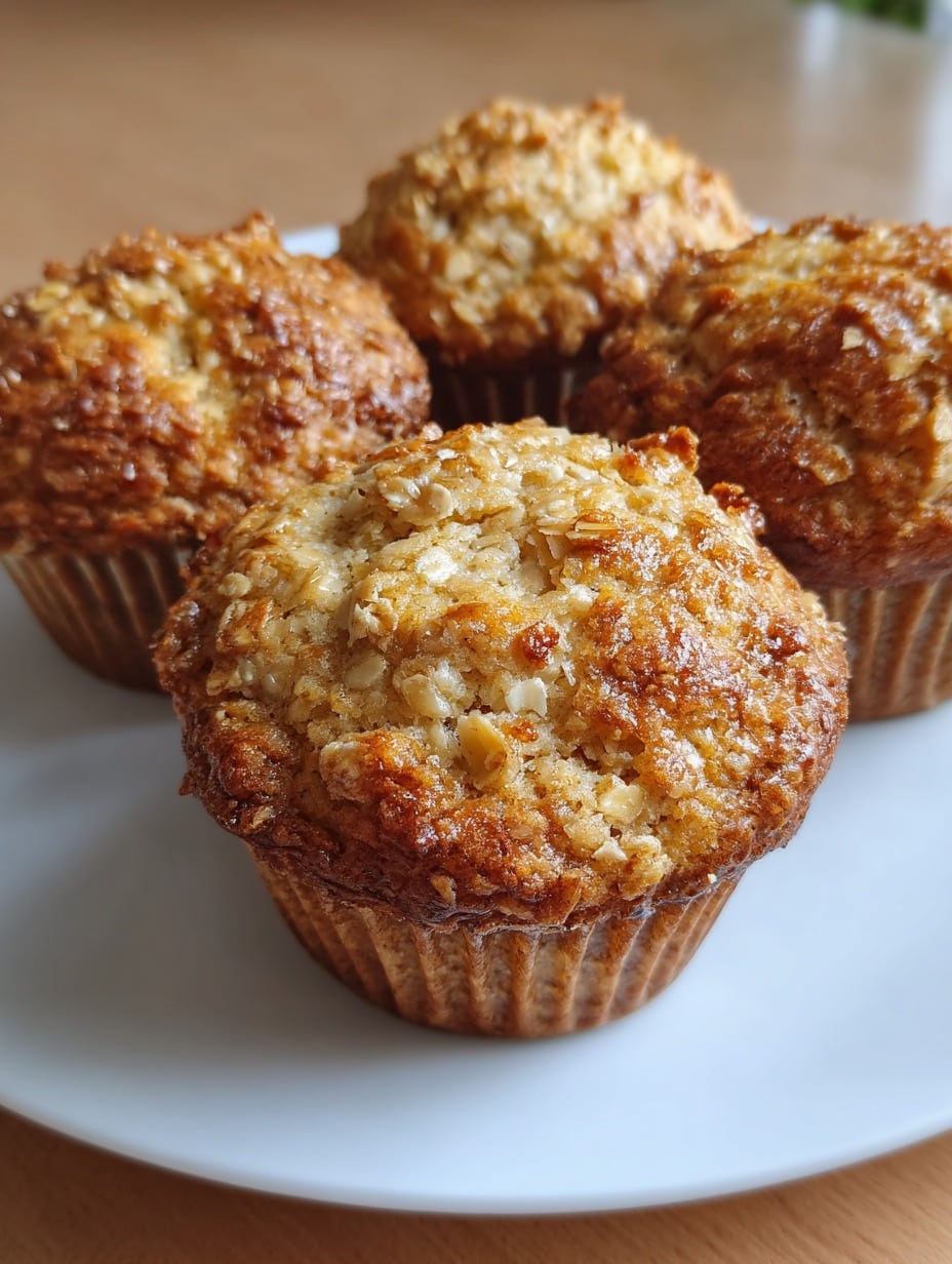 Muffins saludables de avena y plátano recién horneados, esponjosos y sin azúcar refinada.