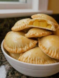 Empanadas caseras rellenas de piña y cajeta, recién horneadas, doradas y listas para compartir en familia.