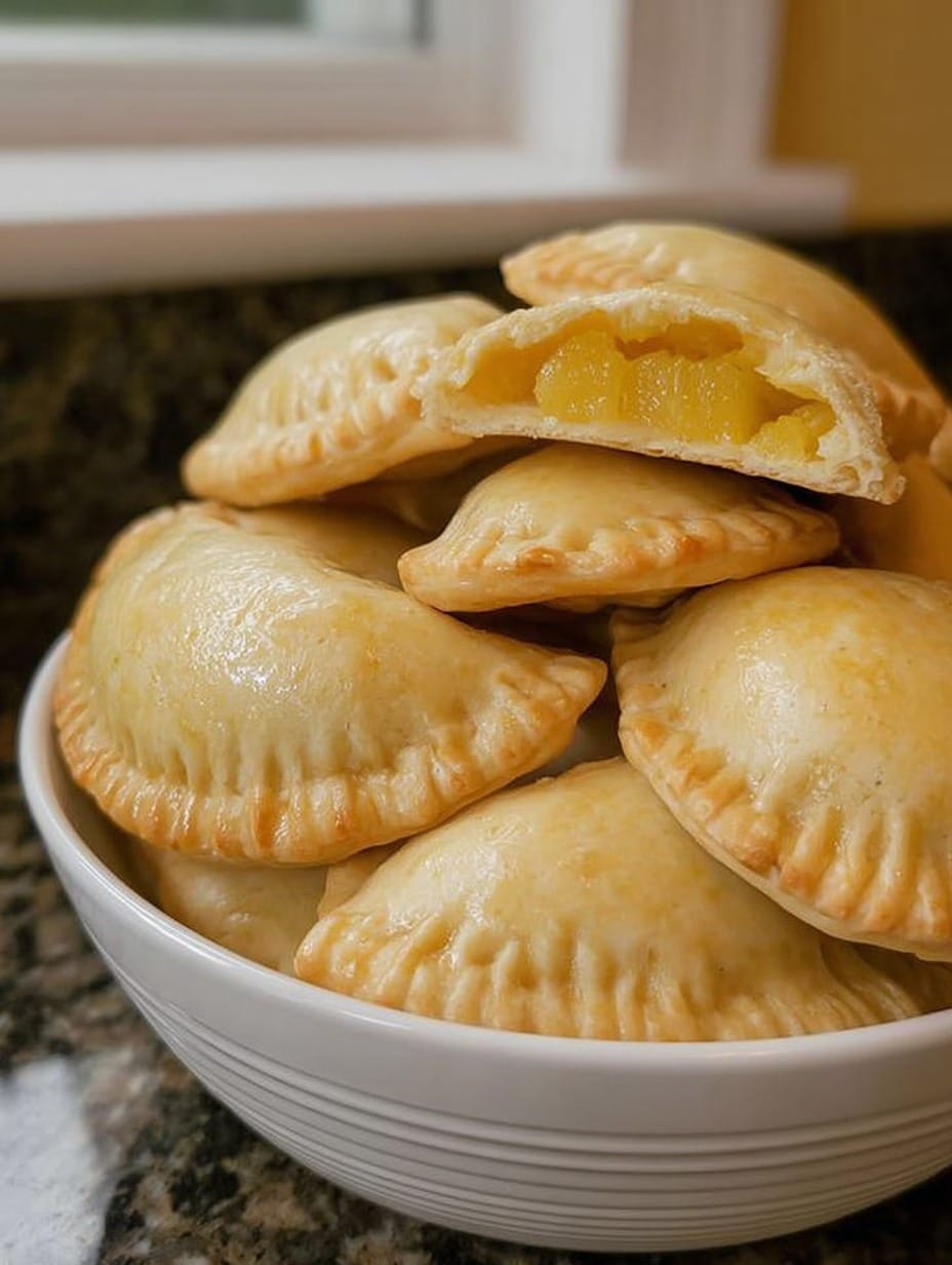 Empanadas caseras rellenas de piña y cajeta, recién horneadas, doradas y listas para compartir en familia.
