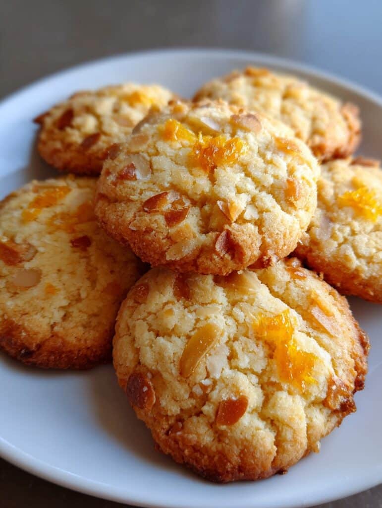 Galletitas caseras de cottage con almendra y ralladura de naranja servidas en una bandeja, doradas y esponjosas.