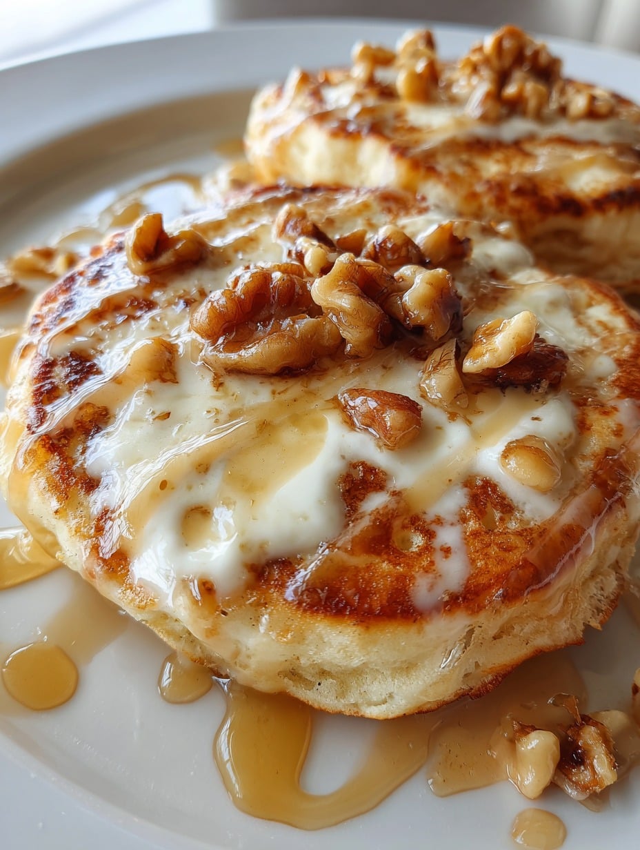 Panqueques de zanahoria y nuez con yogur griego servidos con miel y nueces encima