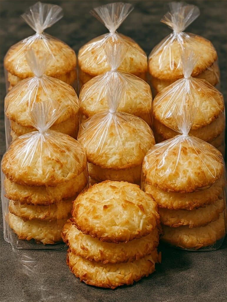 “Galletas de coco y limón recién horneadas sobre una bandeja, con textura dorada y coco rallado por encima.”