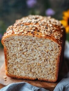Rebanadas de pan de avena y chía sin harina recién horneado sobre una tabla de madera