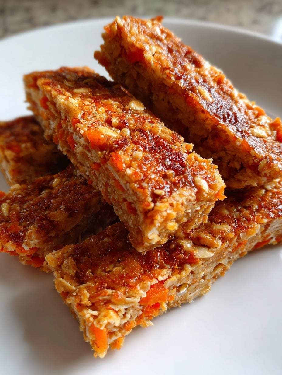 Barritas energéticas caseras de zanahoria, avena y coco sobre un plato blanco.