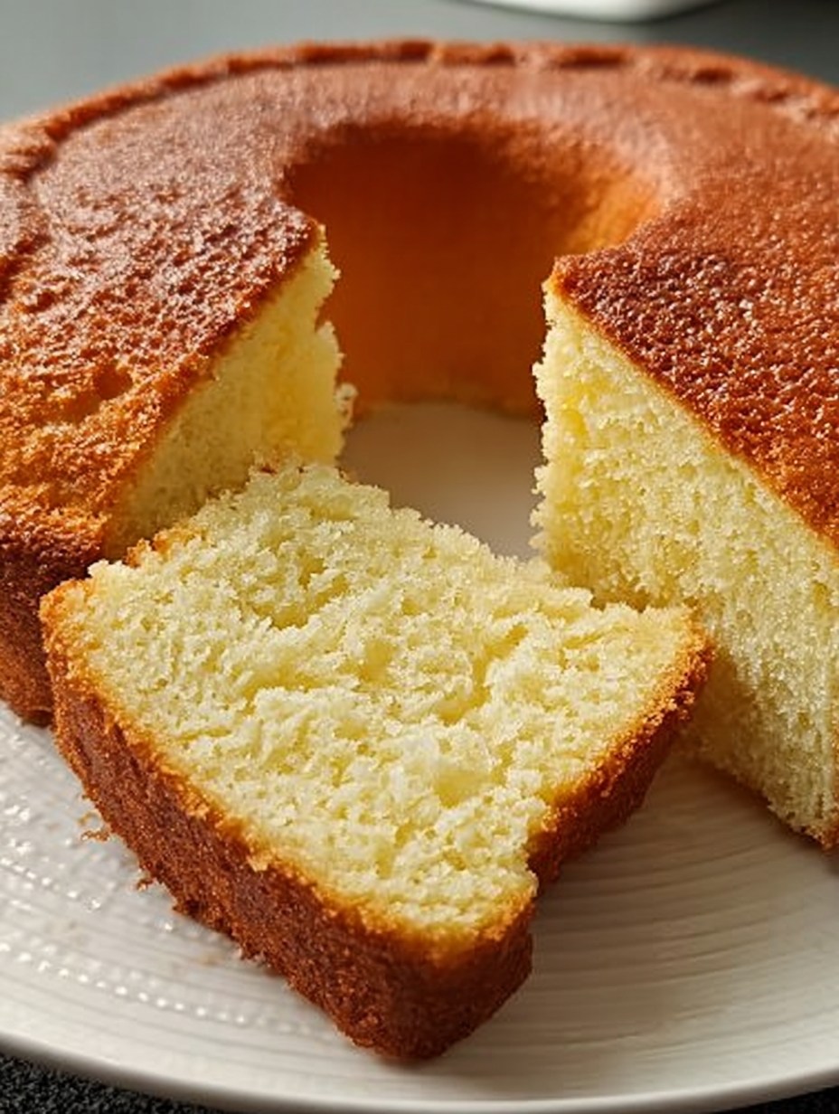 bizcocho-esponjoso-casero Bizcocho esponjoso casero recién horneado en molde de rosca, servido en un plato blanco.