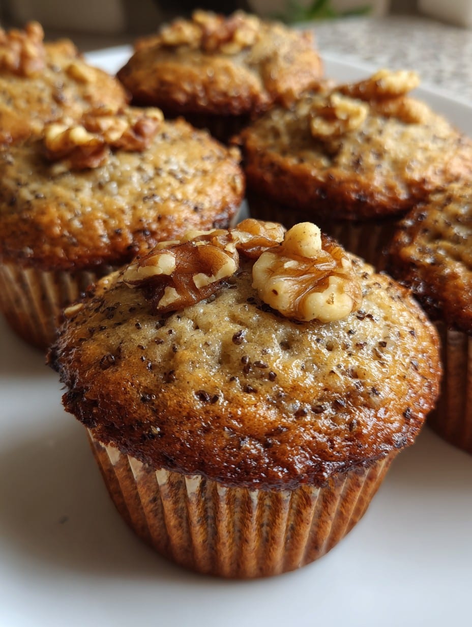 Muffins energéticos de avena, chía y plátano decorados con nueces