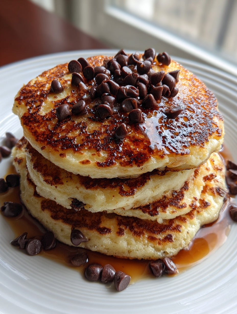 Pancakes de cottage con cacao y chips de chocolate sin azúcar servidos con jarabe.