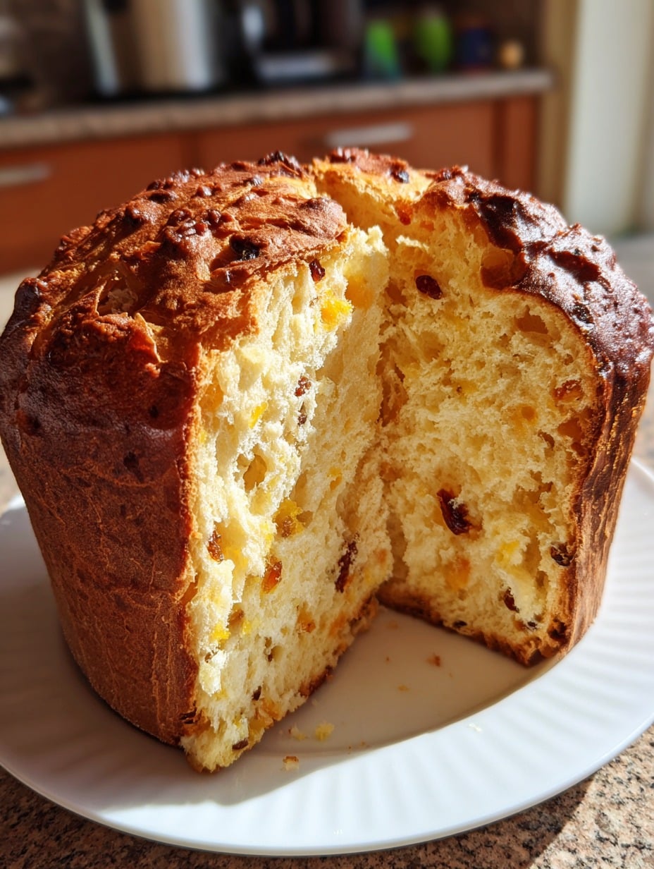 Panettone casero sin amasar con frutas confitadas, esponjoso y dorado, servido sobre un plato blanco.