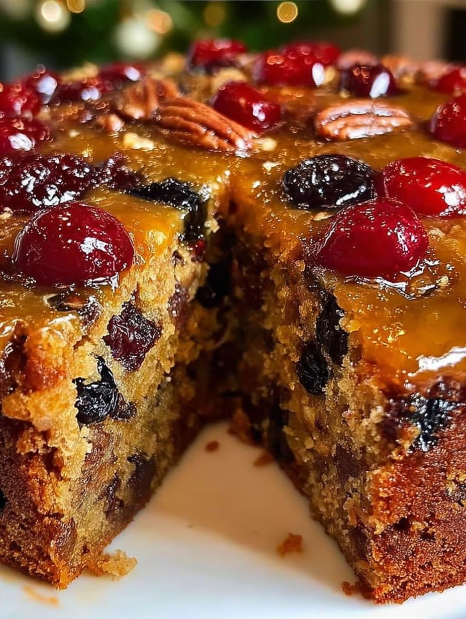 Pastel de frutas casero con frutas secas, nueces y glaseado brillante