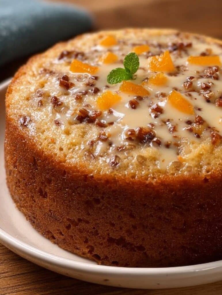 Pastel saludable de avena, manzana y zanahoria decorado con nueces, trozos de fruta y glaseado ligero.