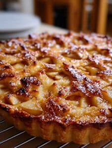 Tarta de manzana casera recién horneada con trozos de manzana dorada y una cubierta caramelizada brillante.