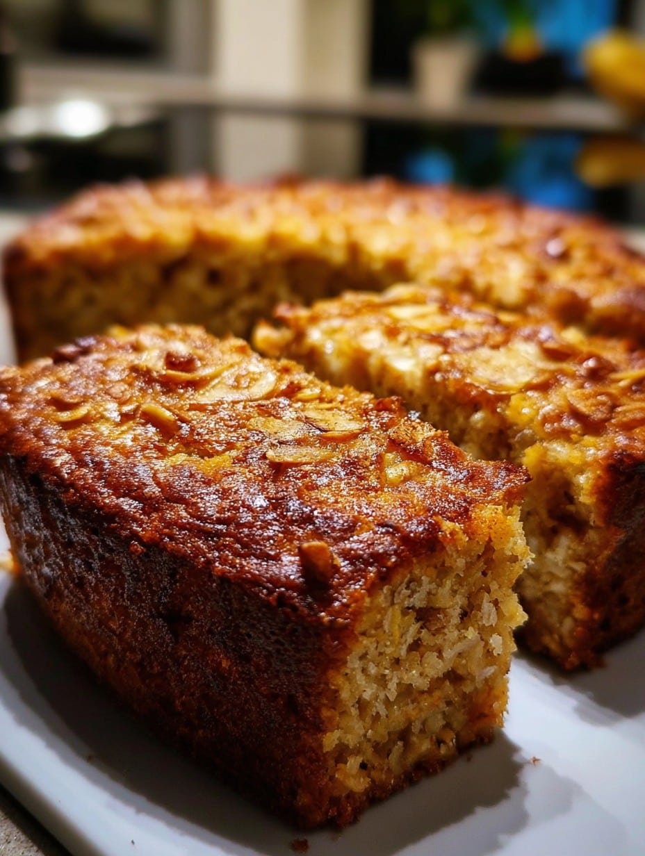Torta casera de manzana sin azúcar ni harina, horneada con avena y yogur, servida en rebanadas sobre un plato blanco.