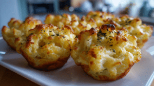 Cauliflower mac and cheese cups in muffin tin with golden tops and melted cheese