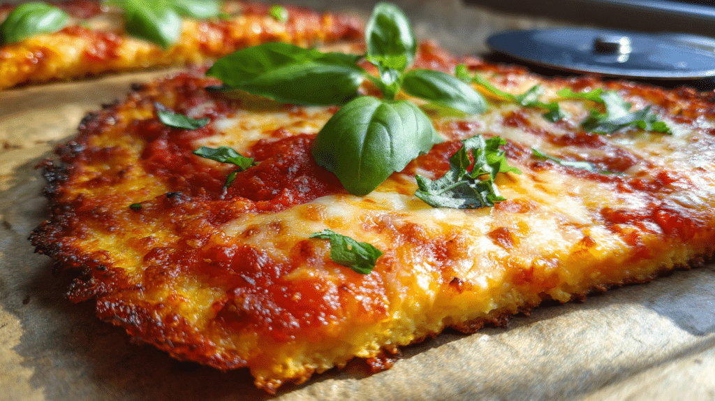 Golden crispy cottage cheese pizza crust with melted cheese and fresh basil toppings on parchment paper