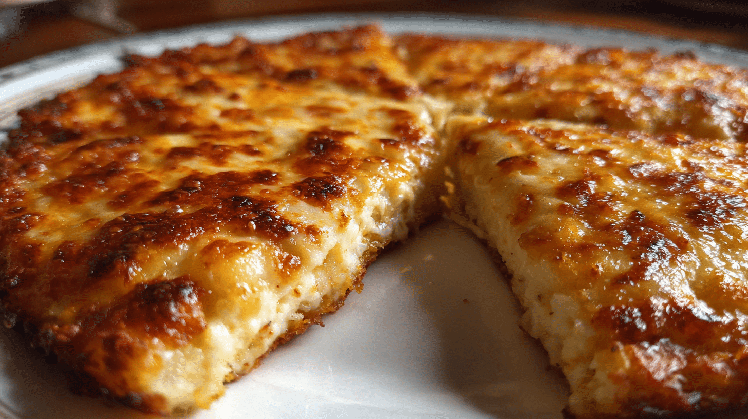 Golden crispy keto cottage cheese pizza crust topped with melted mozzarella cheese and fresh herbs on parchment paper