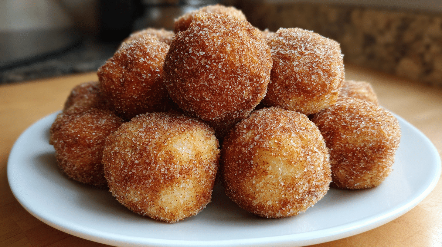 Golden baked cinnamon cottage cheese donut holes on a white plate with cinnamon sugar coating, showing fluffy texture and healthy protein-packed ingredients